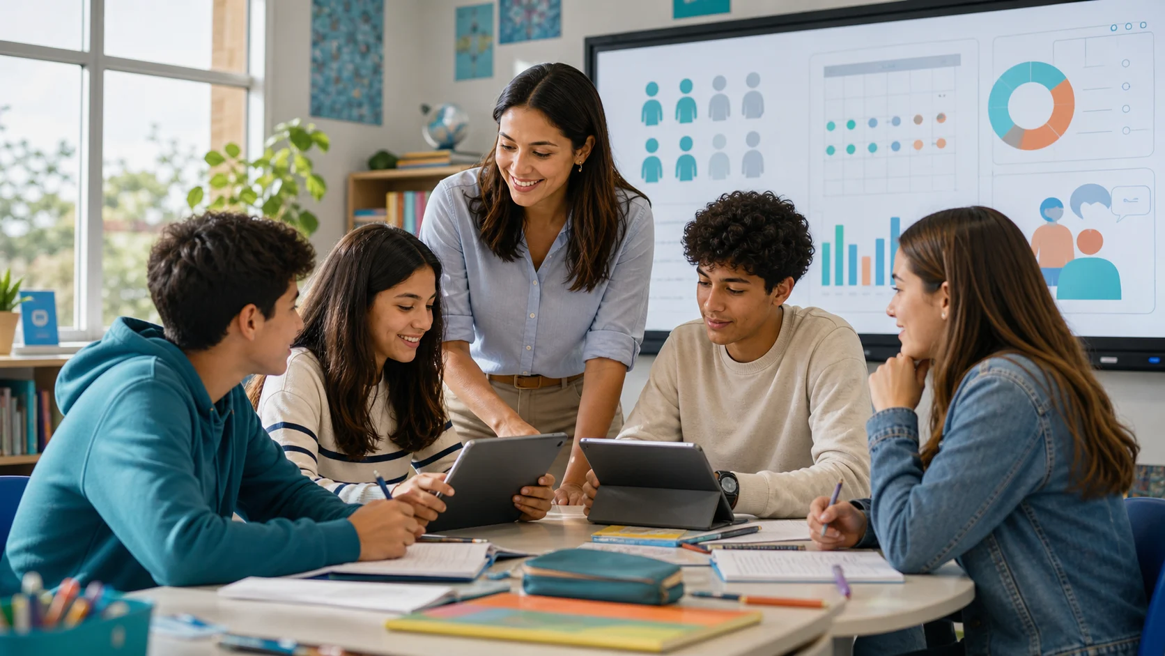 Docente y estudiantes trabajando con herramientas digitales en un aula