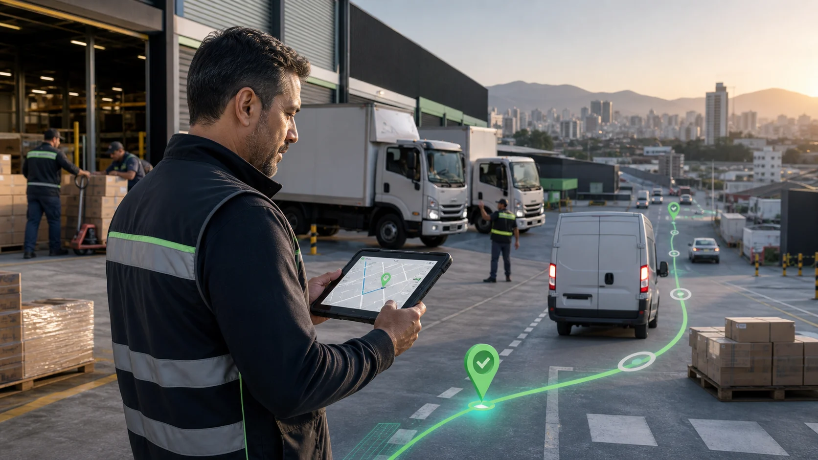 Coordinador logístico supervisando flota, rutas y entregas desde una tablet